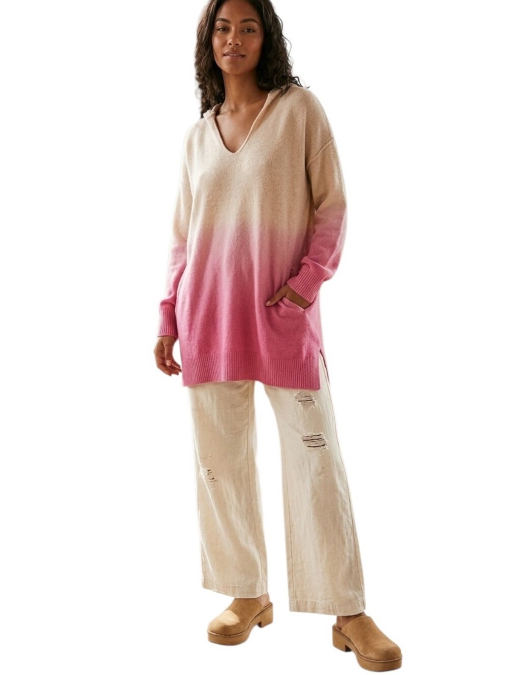 Free People 100% Cashmere Dip Dye Ombre Hoodie Tunic Sweater Dress Pink Sz M HTF